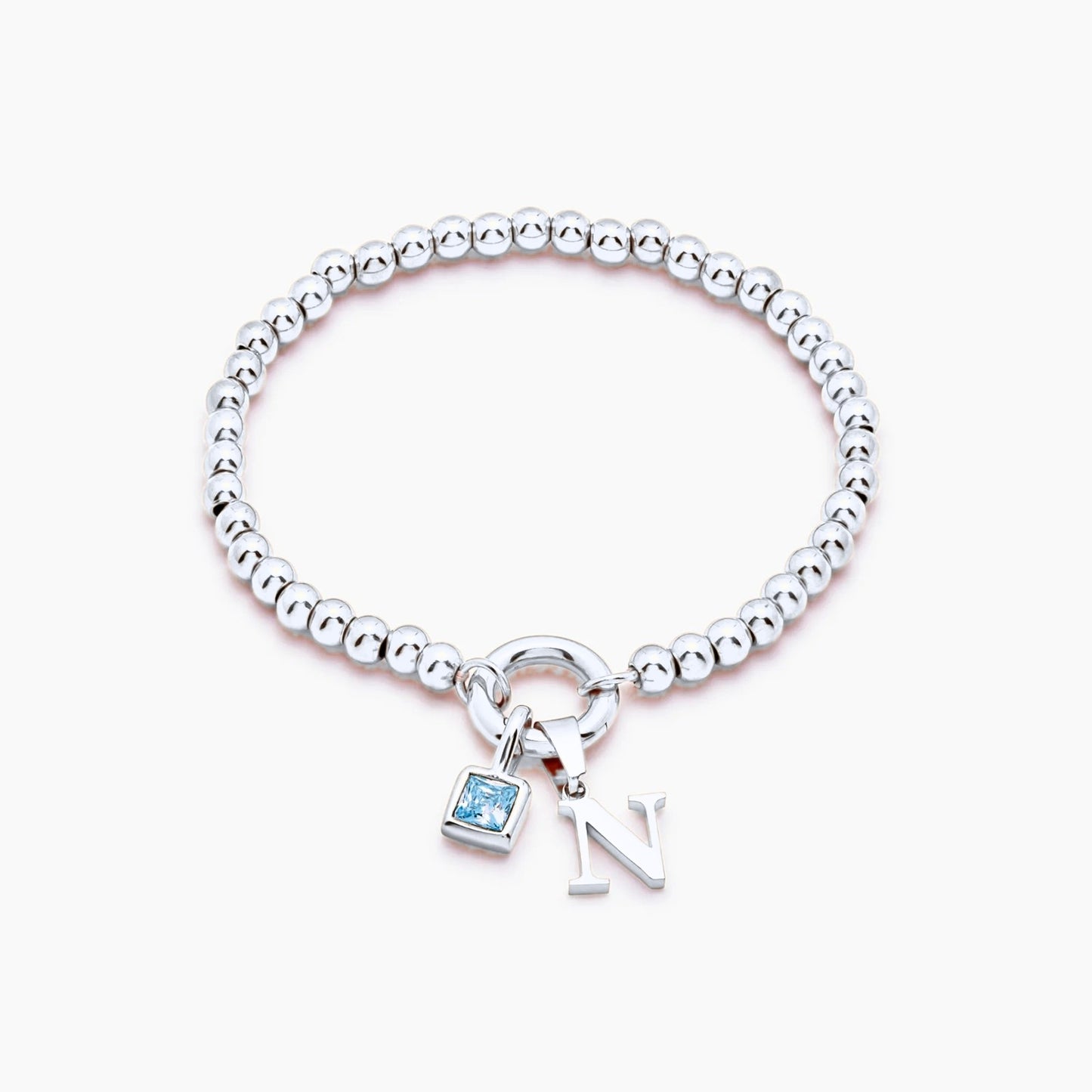 beaded-initial-birthstone-bracelet — Silver / Dec-Blue Topaz
