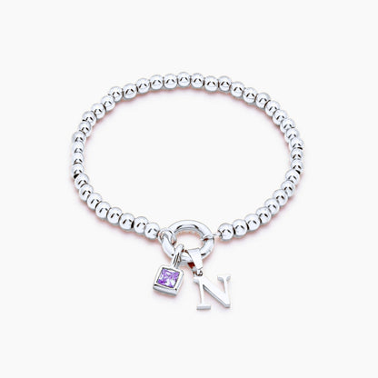beaded-initial-birthstone-bracelet — Silver / Feb-Amethyst