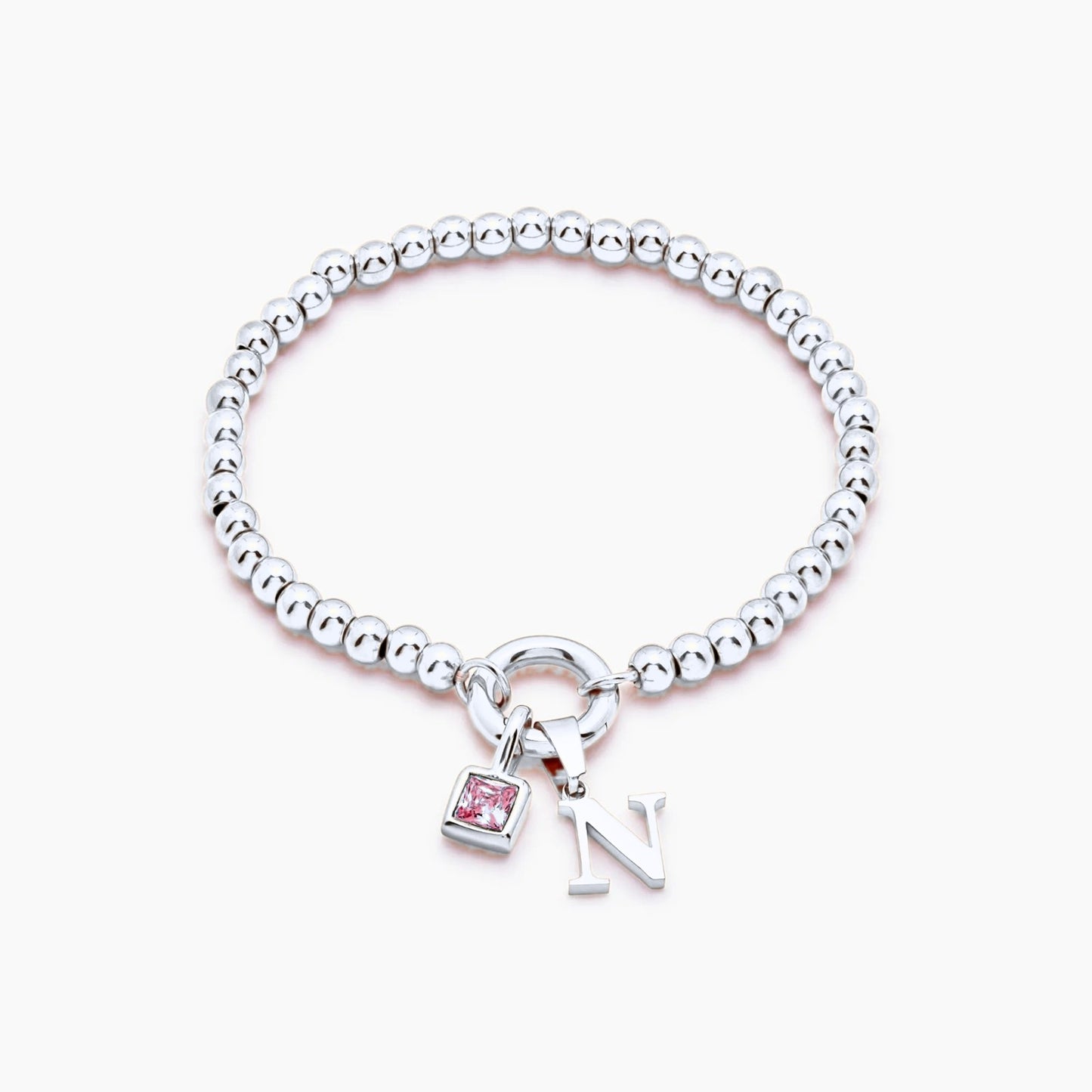 beaded-initial-birthstone-bracelet — Silver / Jul-Ruby