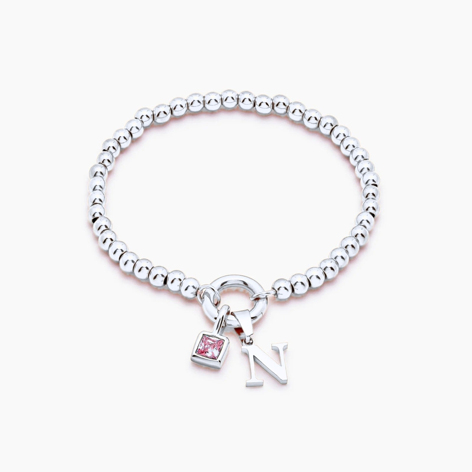 beaded-initial-birthstone-bracelet — Silver / Jul-Ruby