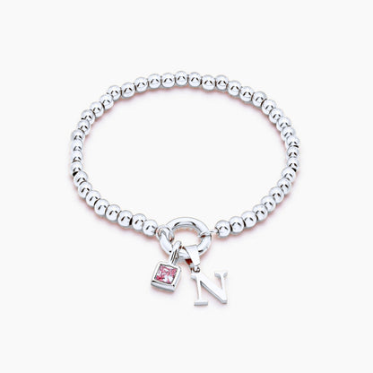 beaded-initial-birthstone-bracelet — Silver / Jul-Ruby