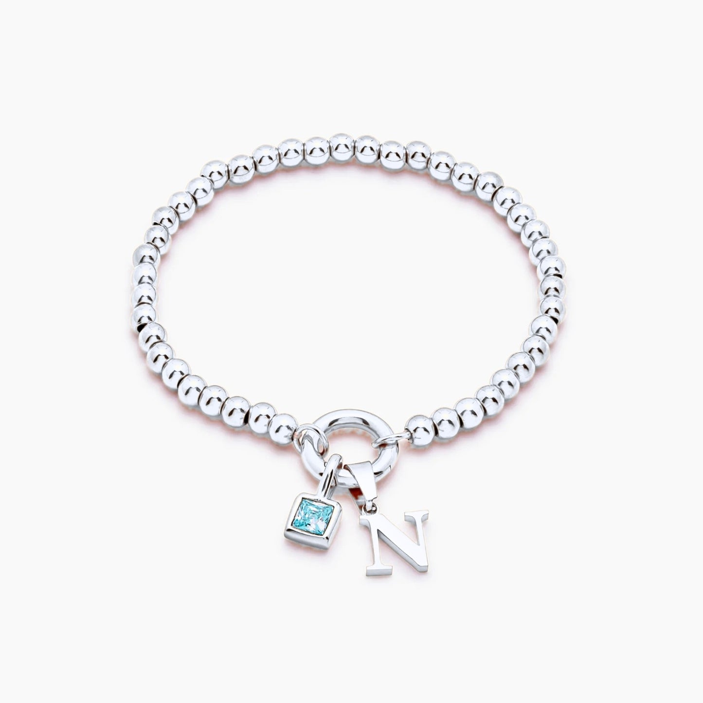 beaded-initial-birthstone-bracelet — Silver / Mar-Aquamarine