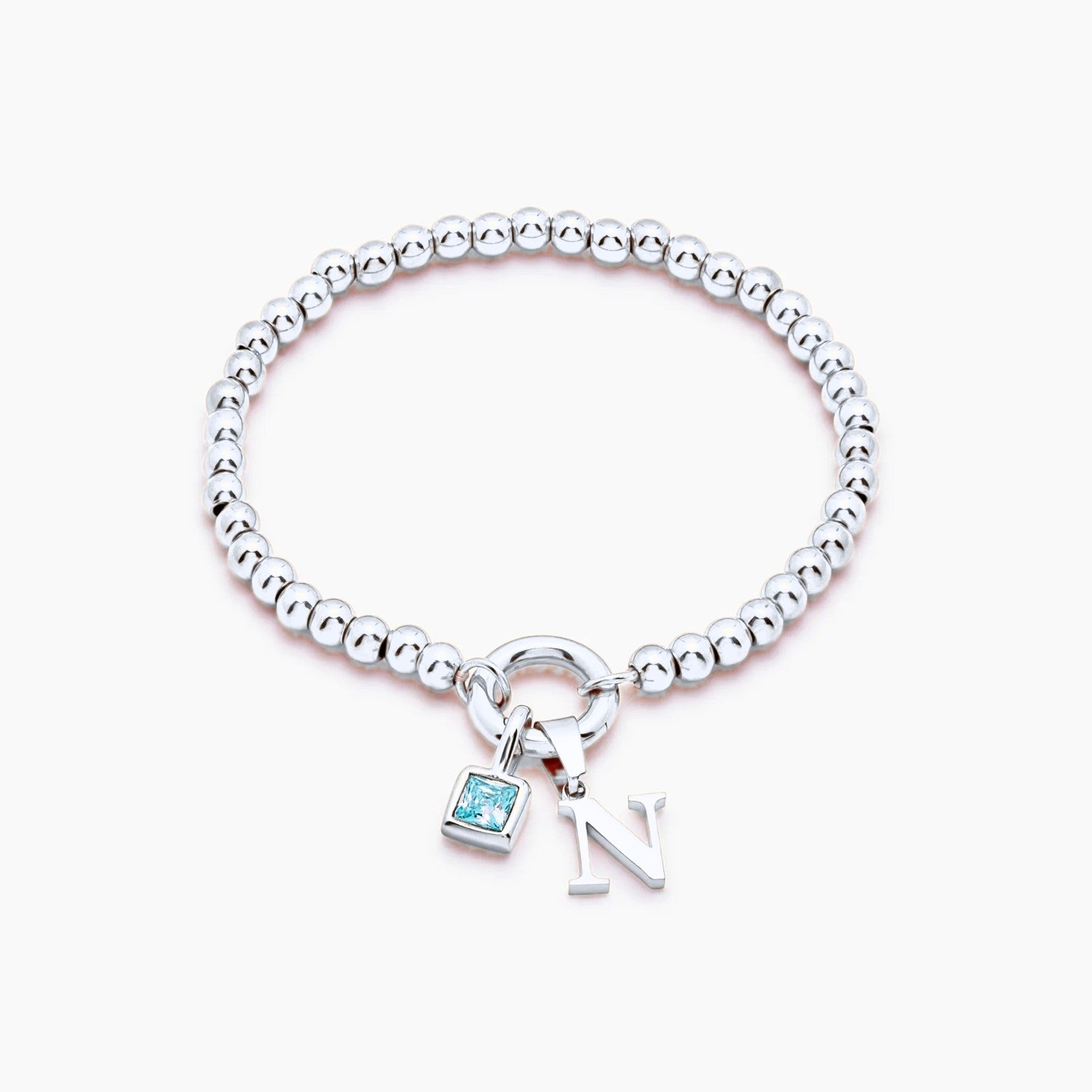 beaded-initial-birthstone-bracelet — Silver / Mar-Aquamarine