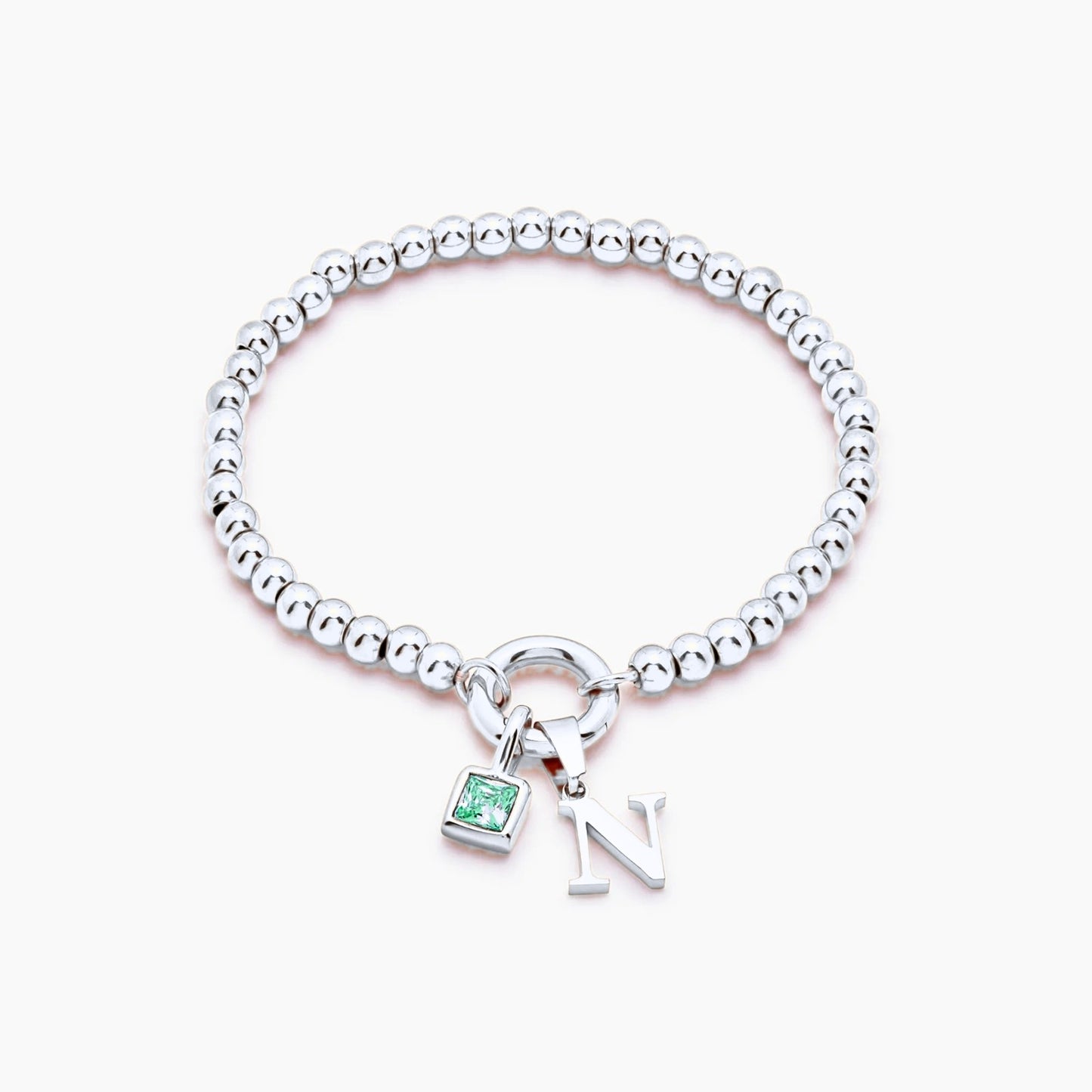 beaded-initial-birthstone-bracelet — Silver / May-Emerald