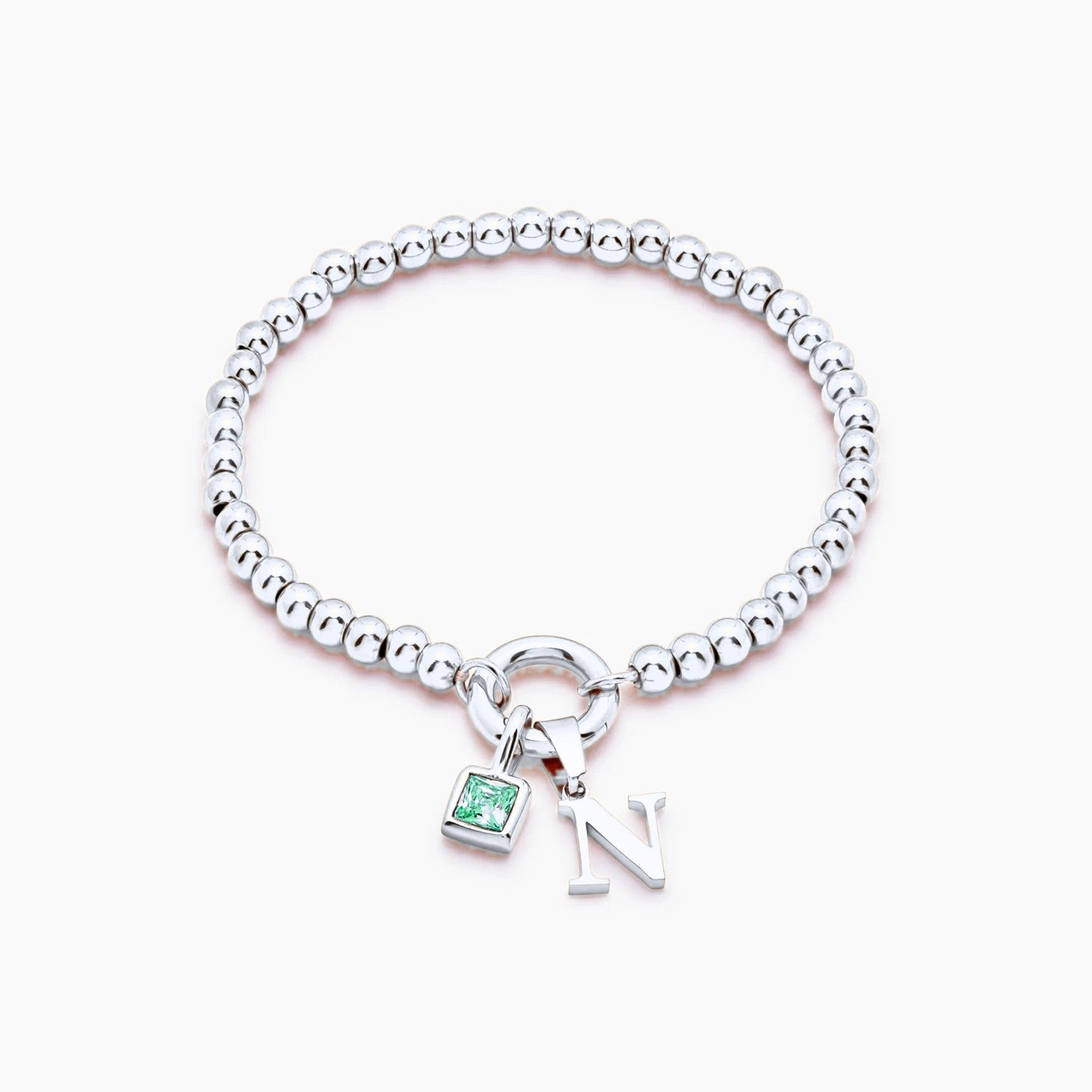 beaded-initial-birthstone-bracelet — Silver / May-Emerald