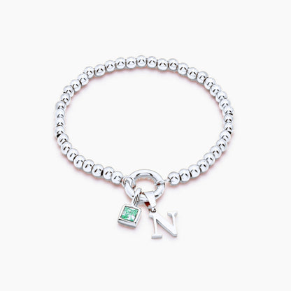 beaded-initial-birthstone-bracelet — Silver / May-Emerald