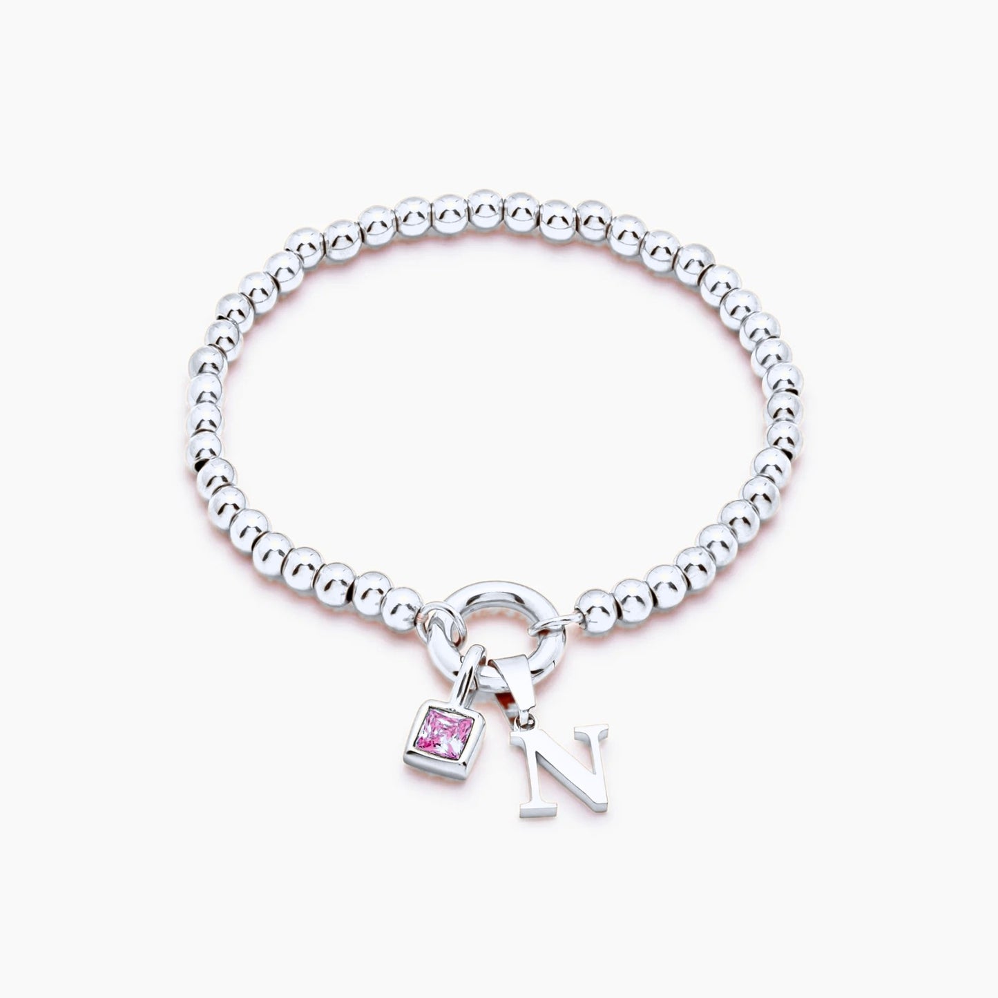beaded-initial-birthstone-bracelet — Silver / Oct-Pink Tourmaline