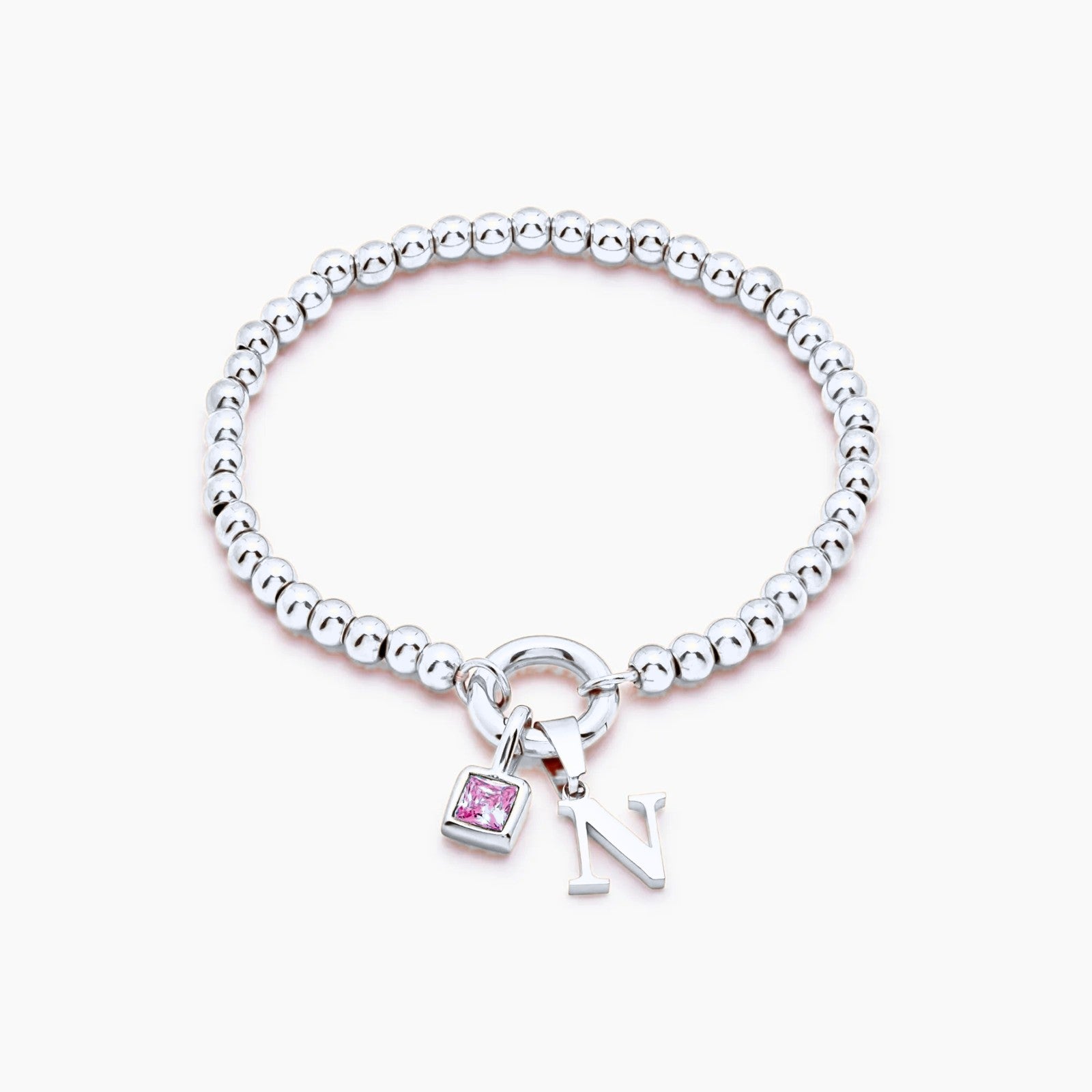 beaded-initial-birthstone-bracelet — Silver / Oct-Pink Tourmaline