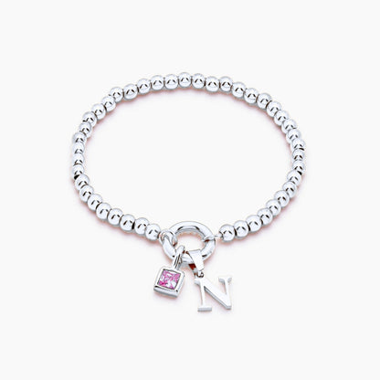 beaded-initial-birthstone-bracelet — Silver / Oct-Pink Tourmaline