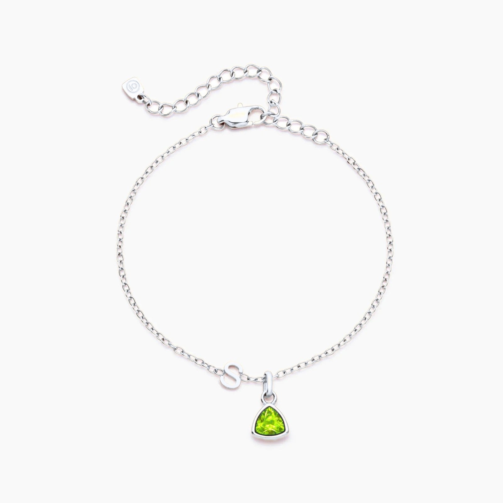 birthstone-initial-charm-bracelet — Silver / Aug-Peridot