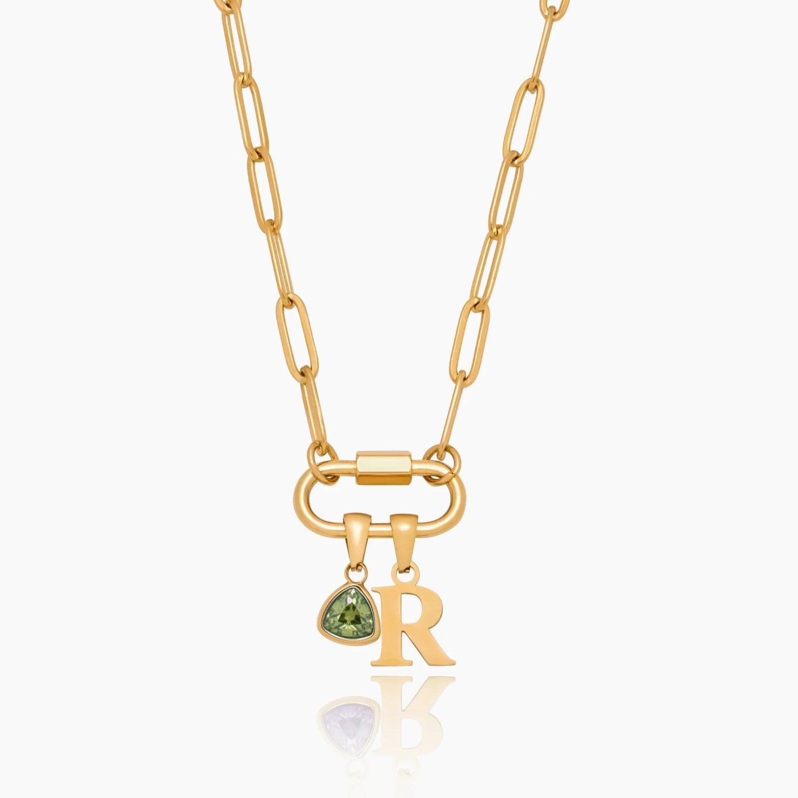 carabiner-charm-lock-necklace-with-initial-birthstone — Gold / Aug-Peridot