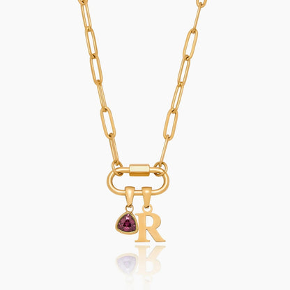 carabiner-charm-lock-necklace-with-initial-birthstone — Gold / Jul-Ruby