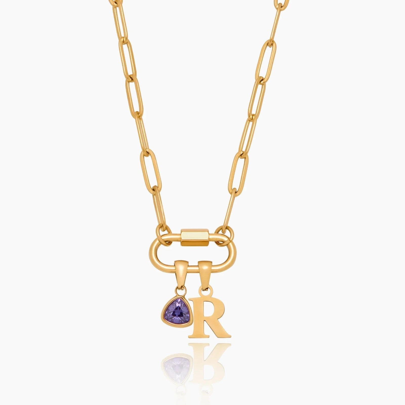 carabiner-charm-lock-necklace-with-initial-birthstone — Gold / Jun-Alexandrite