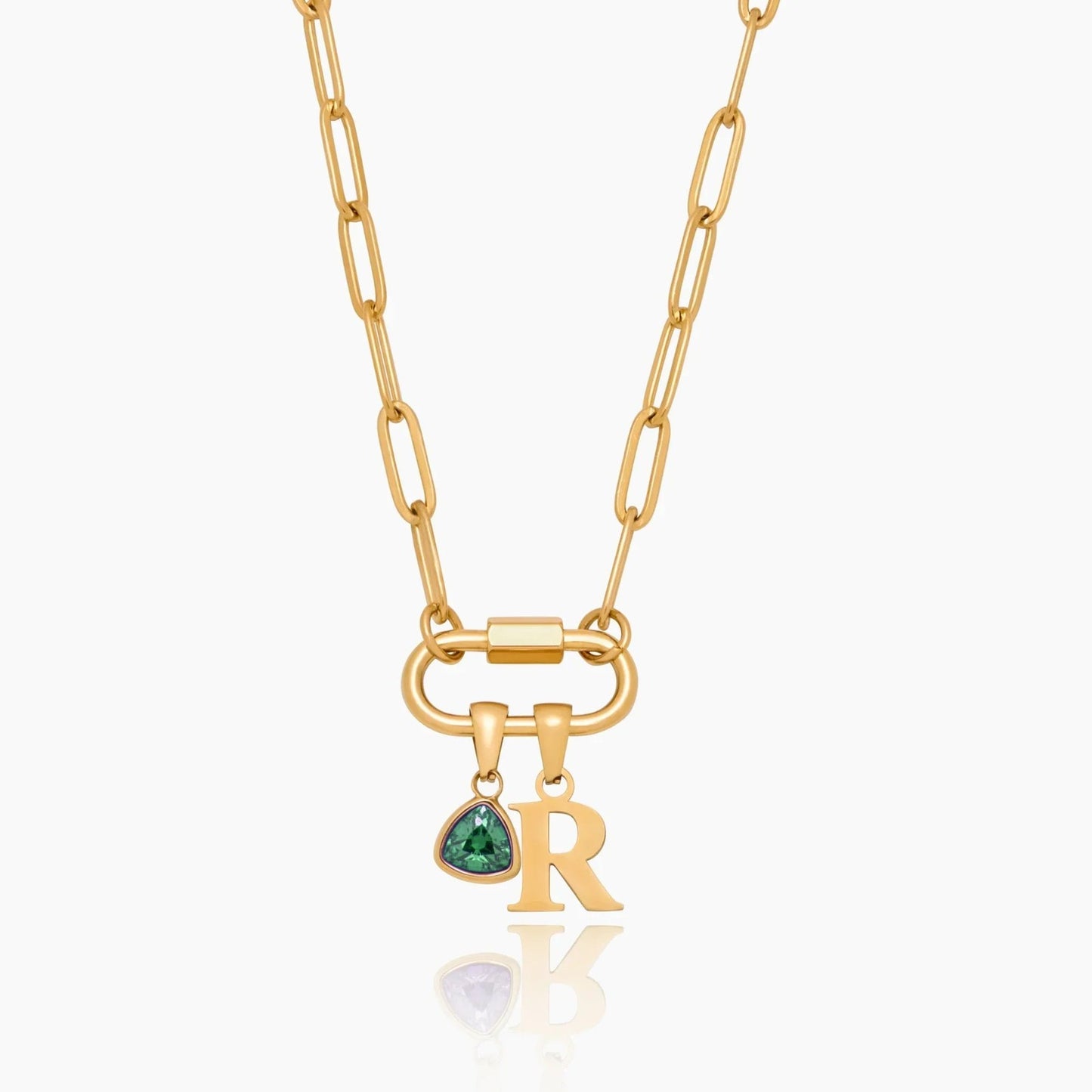 carabiner-charm-lock-necklace-with-initial-birthstone — Gold / May-Emerald