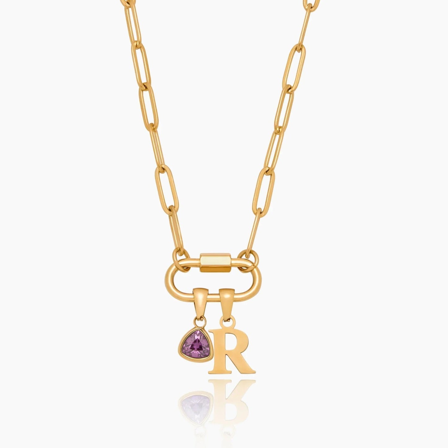 carabiner-charm-lock-necklace-with-initial-birthstone — Gold / Oct-Pink Tourmaline