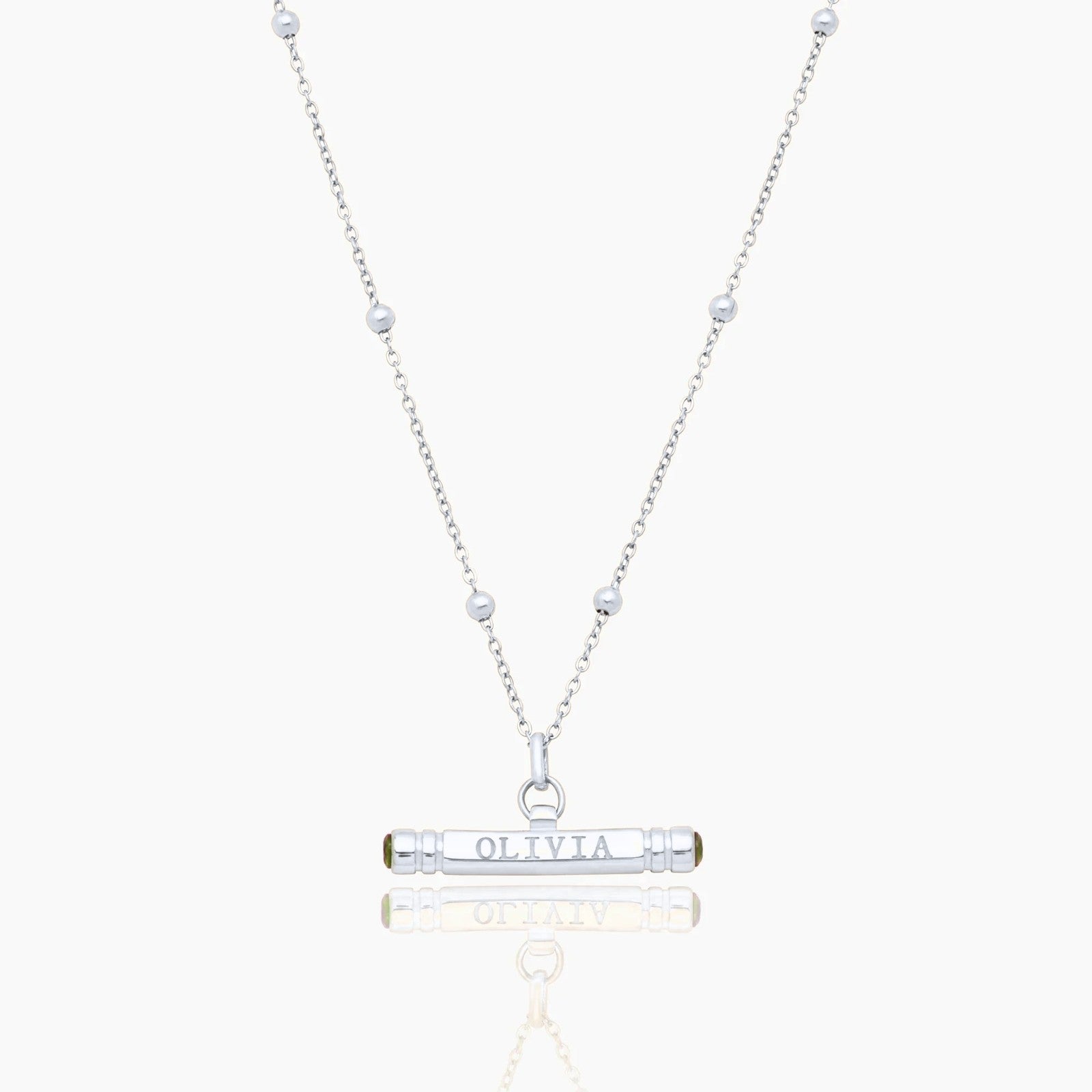 custom-name-birthstone-t-bar-necklace — Silver / Aug-Peridot