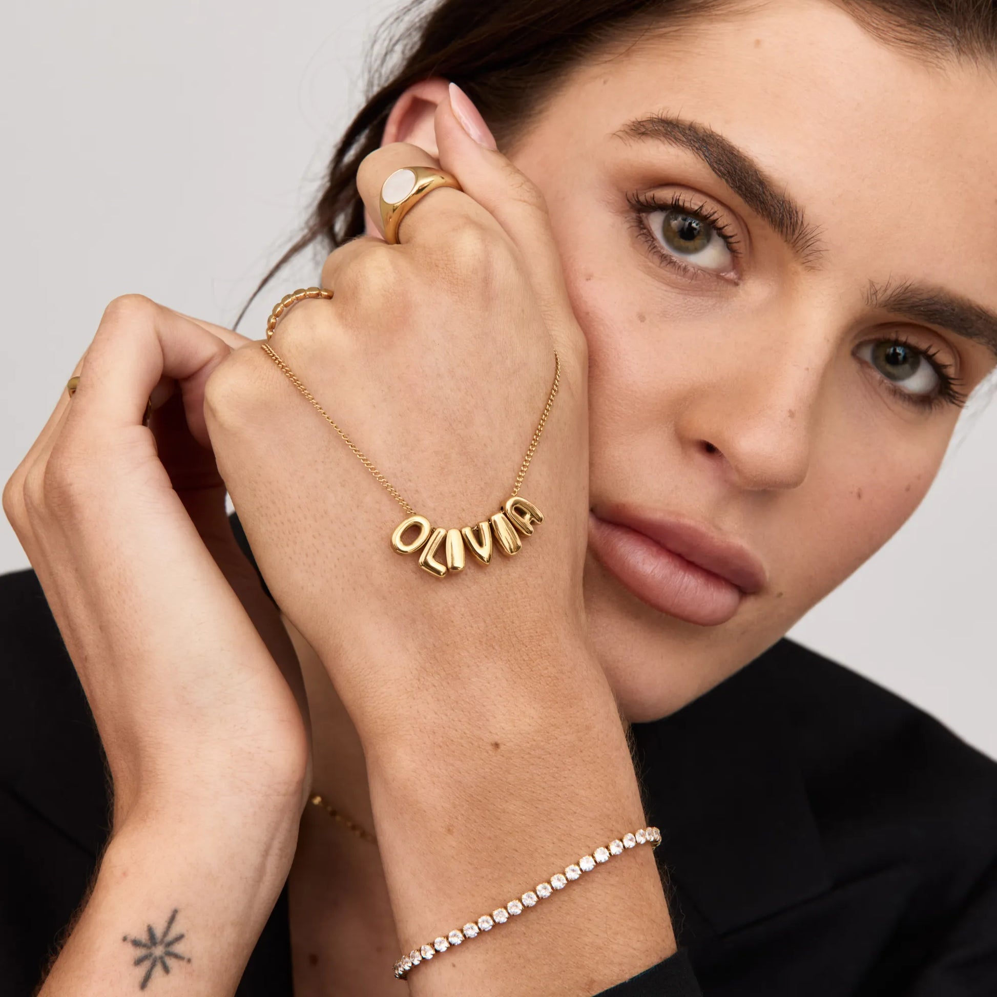 Personalised bold name necklace lifestyle — Olivia Jewelry
