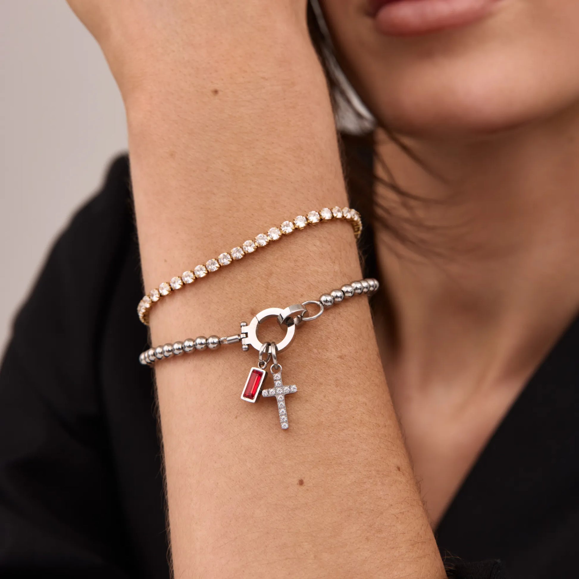 Beaded birthstone cross bracelet lifestyle — Olivia Jewelry