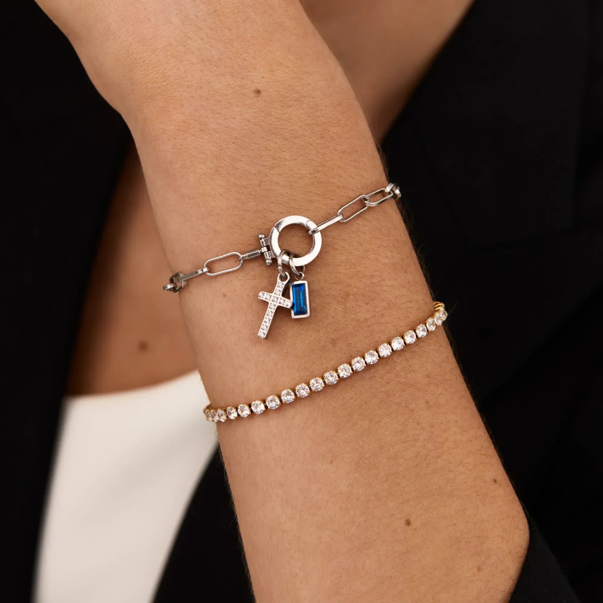 Birthstone paperclip bracelet lifestyle shot — Olivia Jewelry