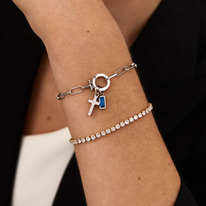 Birthstone paperclip bracelet lifestyle shot — Olivia Jewelry