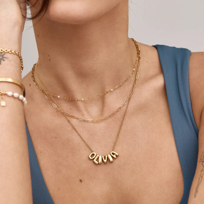Personalised bubble name necklace close-up — Olivia Jewelry