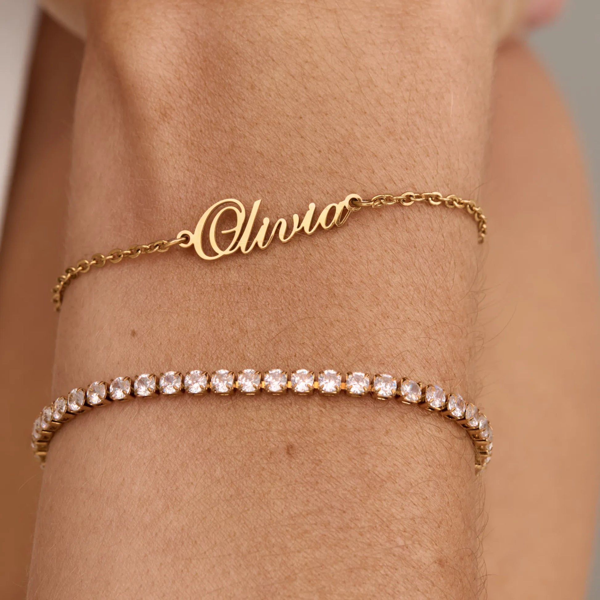 Custom name bracelet close-up — Olivia Jewelry