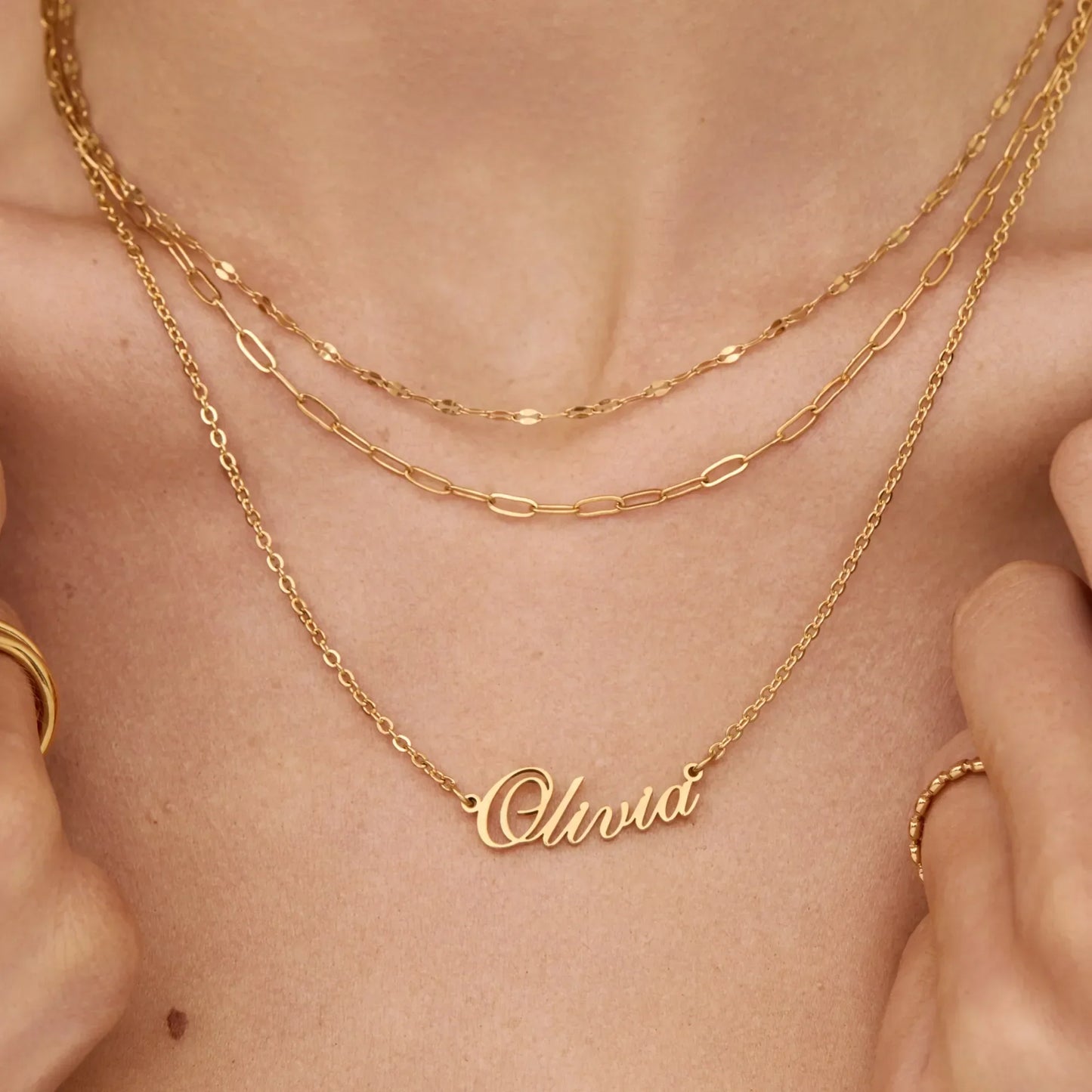 Signature name necklace styled on neck — Olivia Jewelry