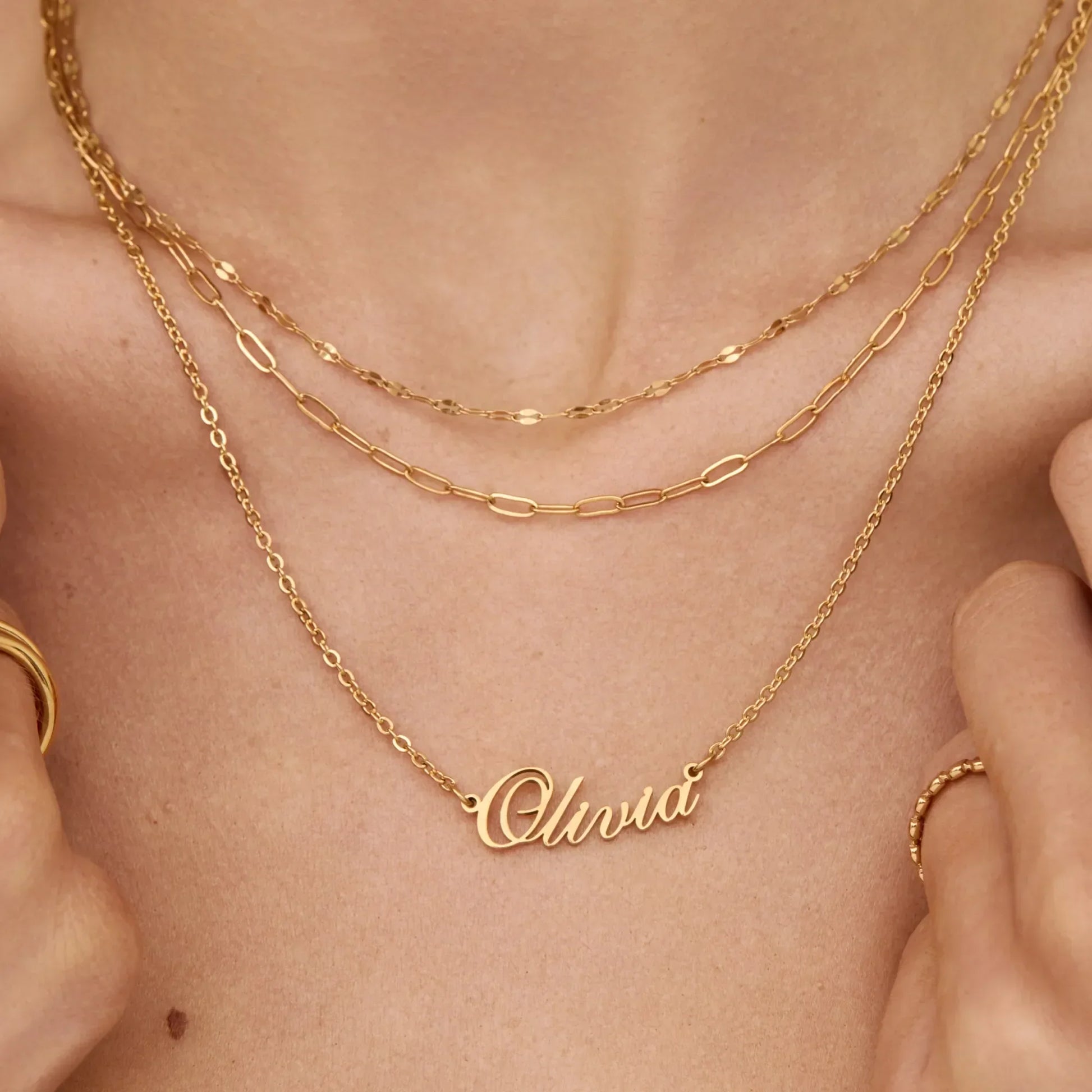 Signature name necklace styled on neck — Olivia Jewelry