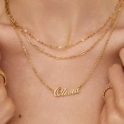 Signature name necklace styled on neck — Olivia Jewelry