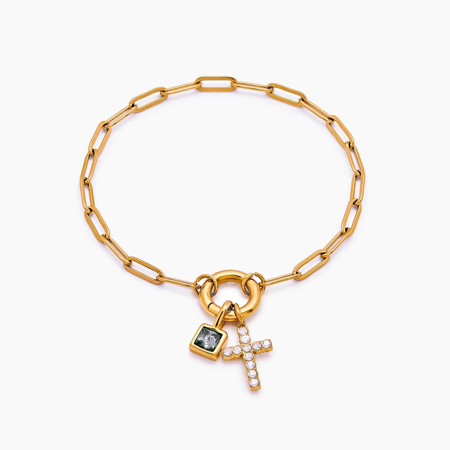 paperclip-cross-charm-bracelet — Gold / Apr-Diamond