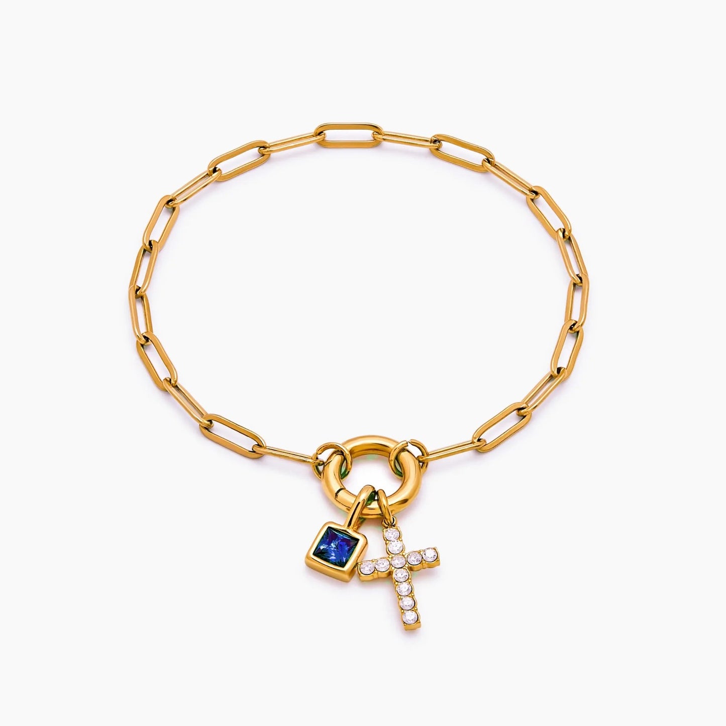 paperclip-cross-charm-bracelet — Gold / Dec-Blue Topaz