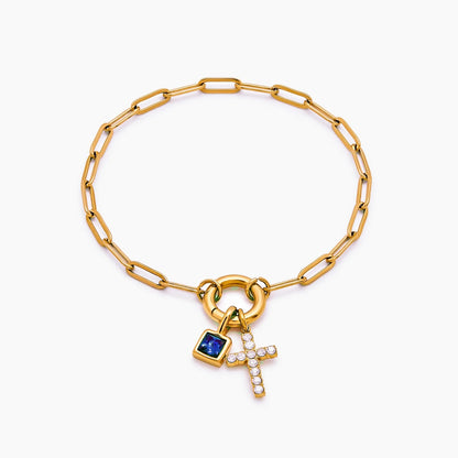 paperclip-cross-charm-bracelet — Gold / Dec-Blue Topaz