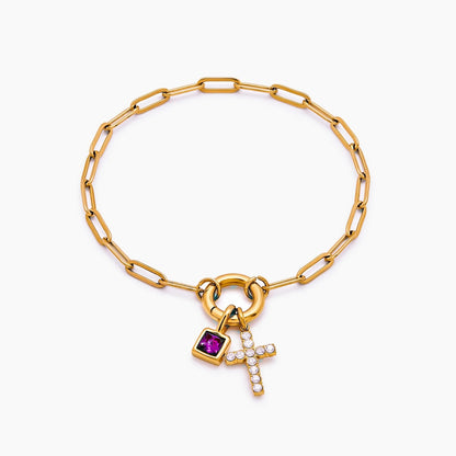 paperclip-cross-charm-bracelet — Gold / Feb-Amethyst
