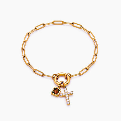 paperclip-cross-charm-bracelet — Gold / Jan-Garnet
