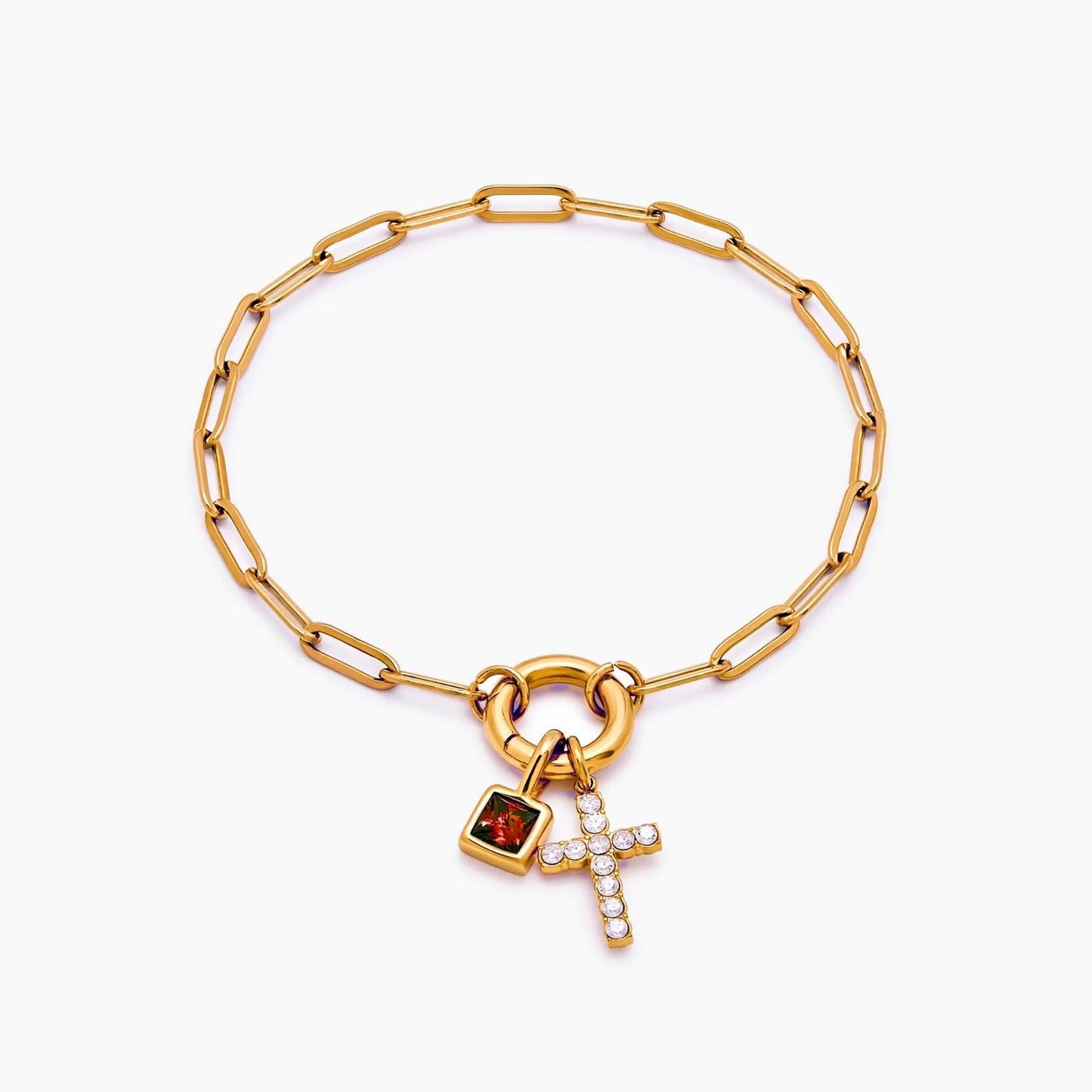 paperclip-cross-charm-bracelet — Gold / Jul-Ruby