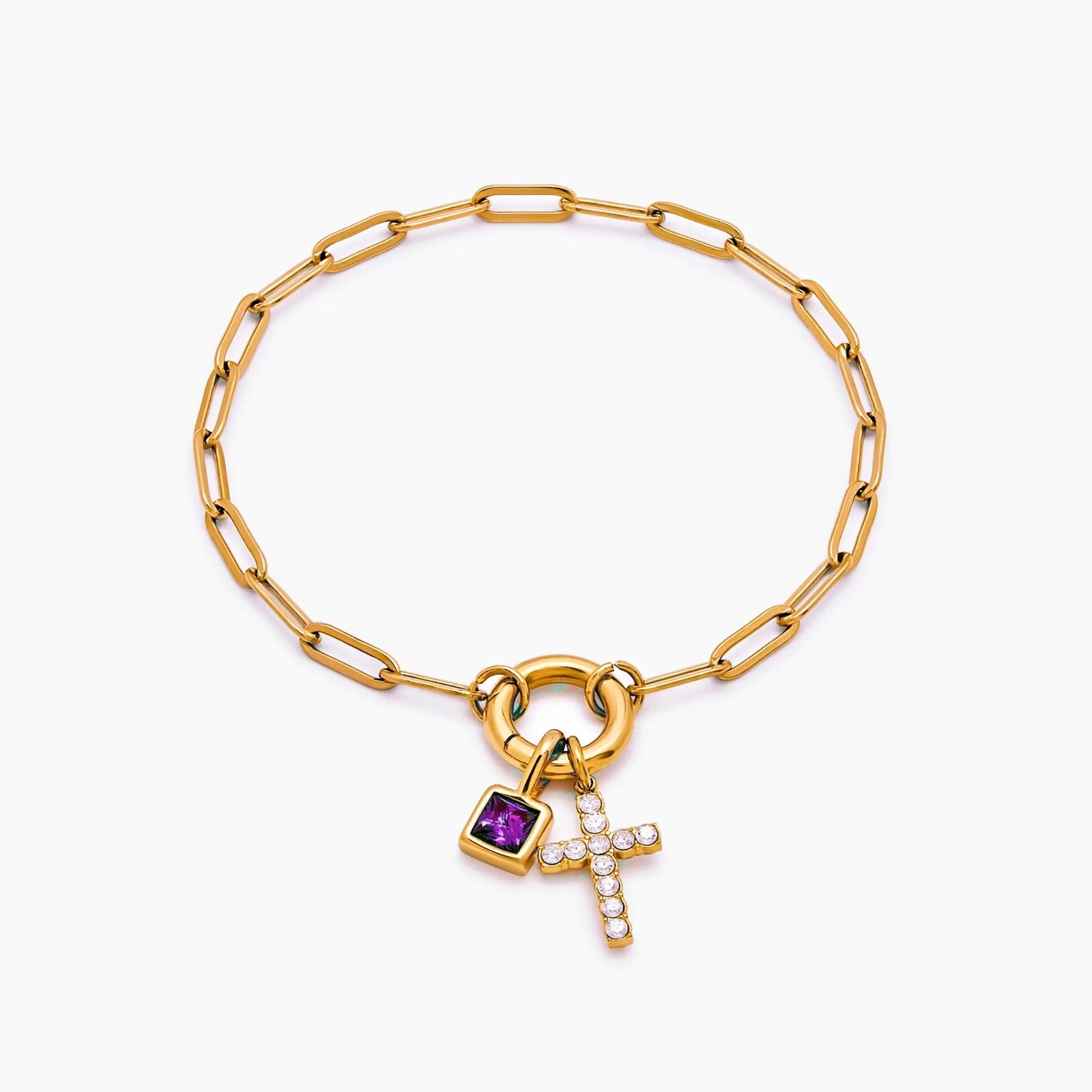 paperclip-cross-charm-bracelet — Gold / Jun-Alexandrite
