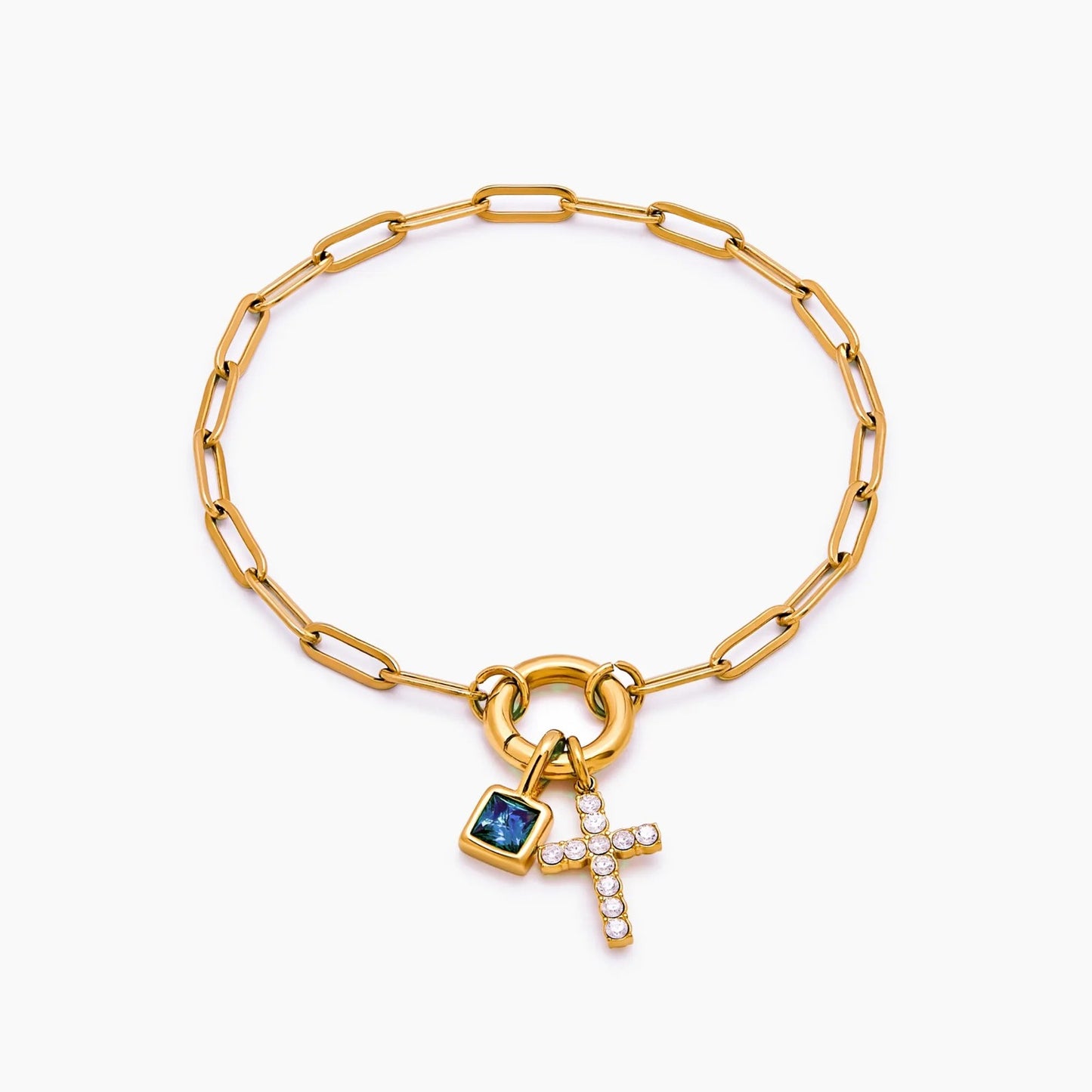 paperclip-cross-charm-bracelet — Gold / Mar-Aquamarine