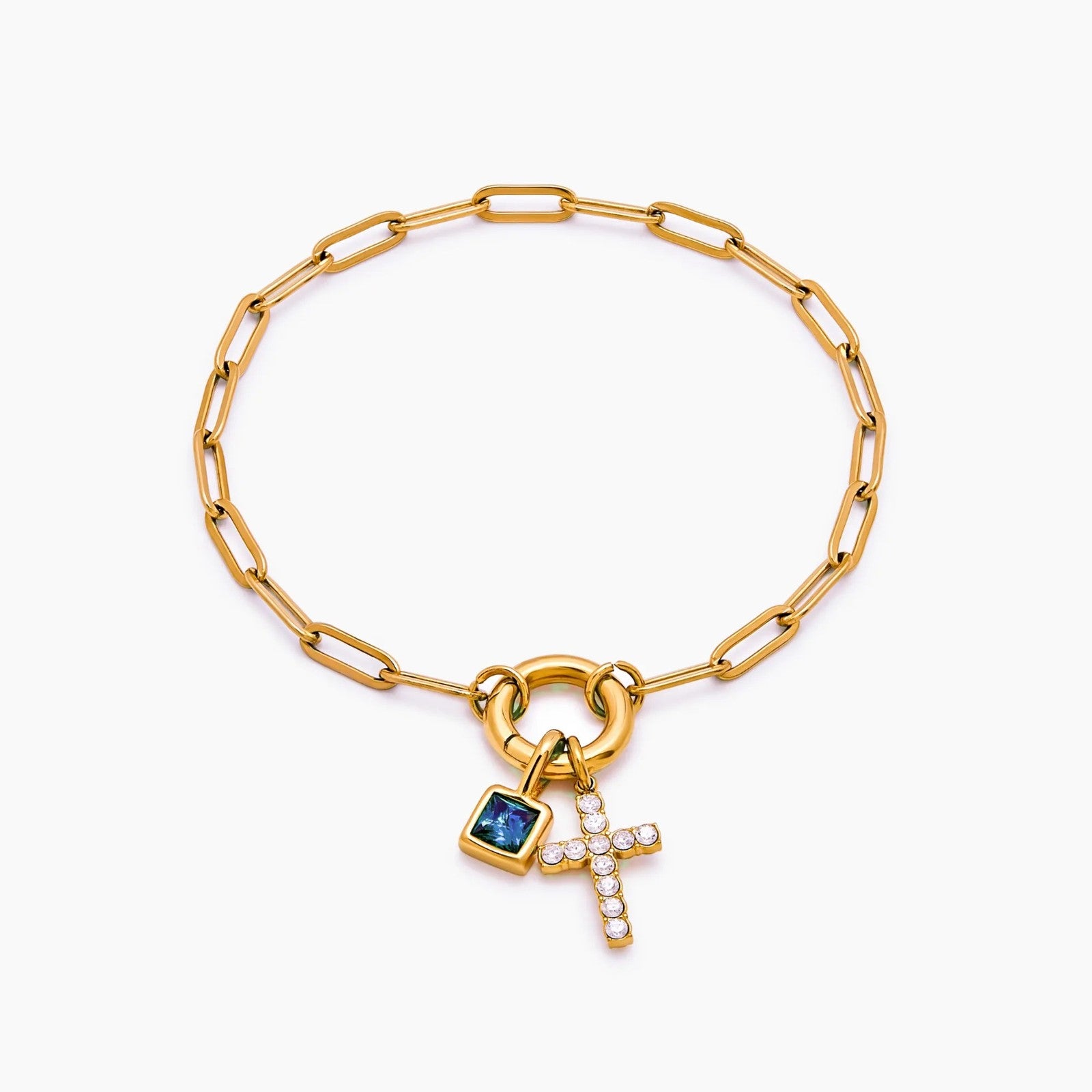 paperclip-cross-charm-bracelet — Gold / Mar-Aquamarine