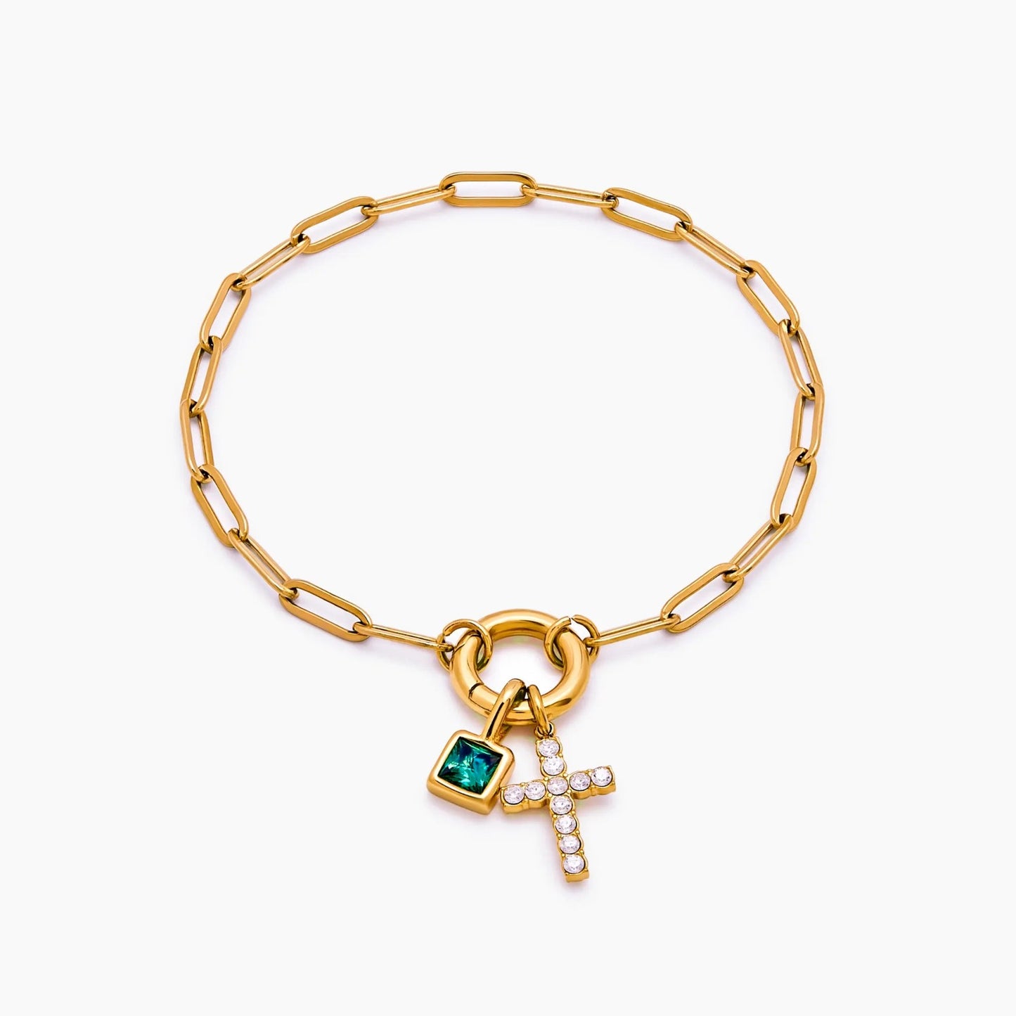 paperclip-cross-charm-bracelet — Gold / May-Emerald