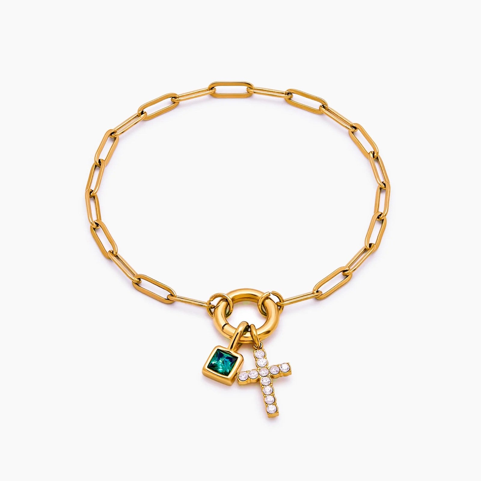 paperclip-cross-charm-bracelet — Gold / May-Emerald