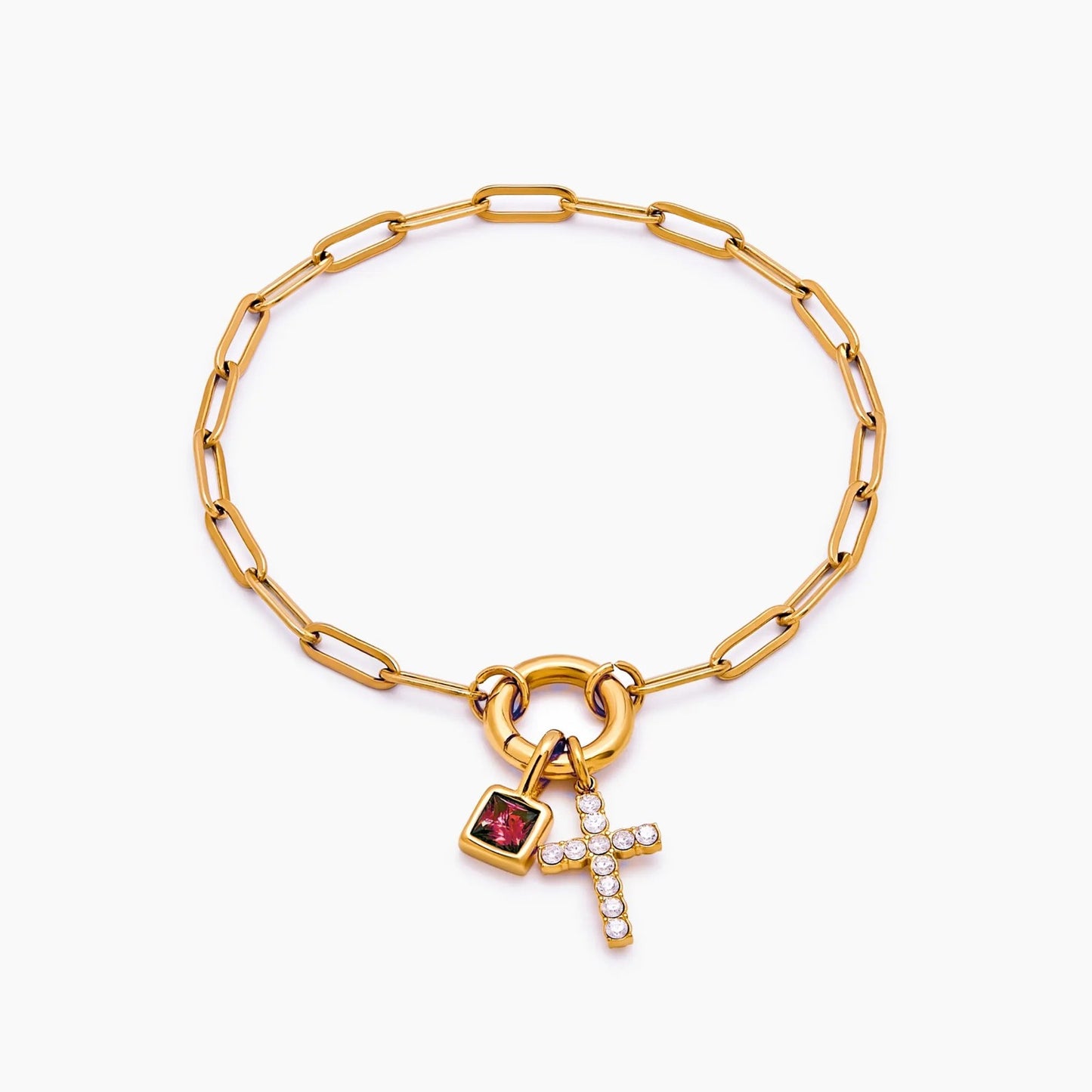 paperclip-cross-charm-bracelet — Gold / Oct-Pink Tourmaline