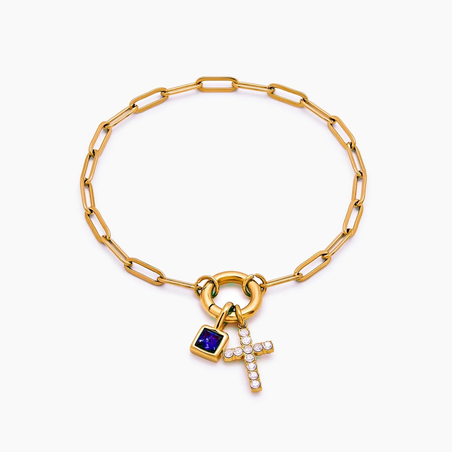 paperclip-cross-charm-bracelet — Gold / Sep-Sapphire