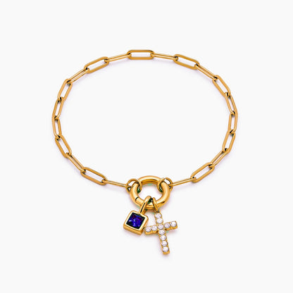 paperclip-cross-charm-bracelet — Gold / Sep-Sapphire