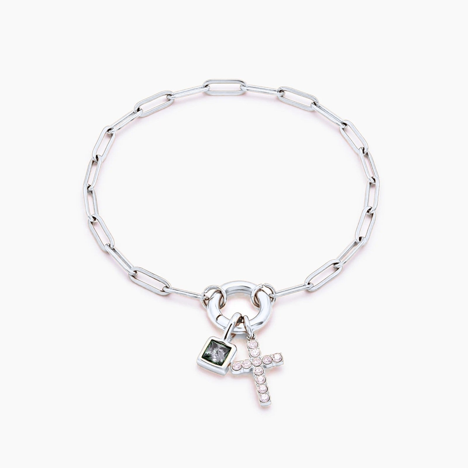 paperclip-cross-charm-bracelet — Silver / Apr-Diamond