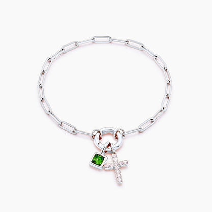paperclip-cross-charm-bracelet — Silver / Aug-Peridot