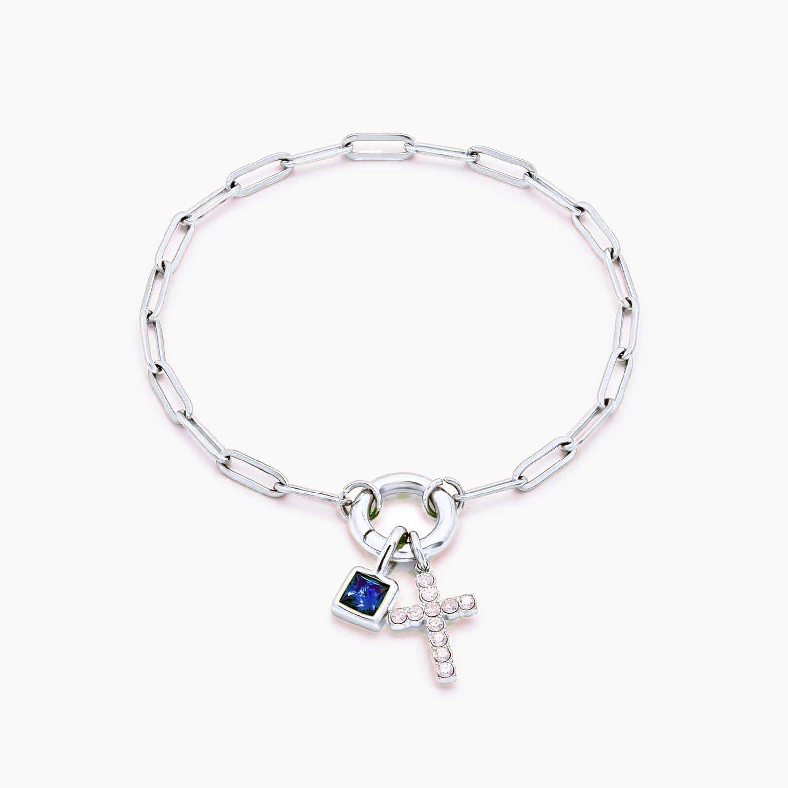 paperclip-cross-charm-bracelet — Silver / Dec-Blue Topaz