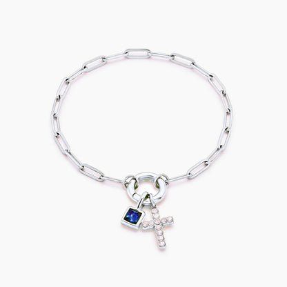 paperclip-cross-charm-bracelet — Silver / Dec-Blue Topaz