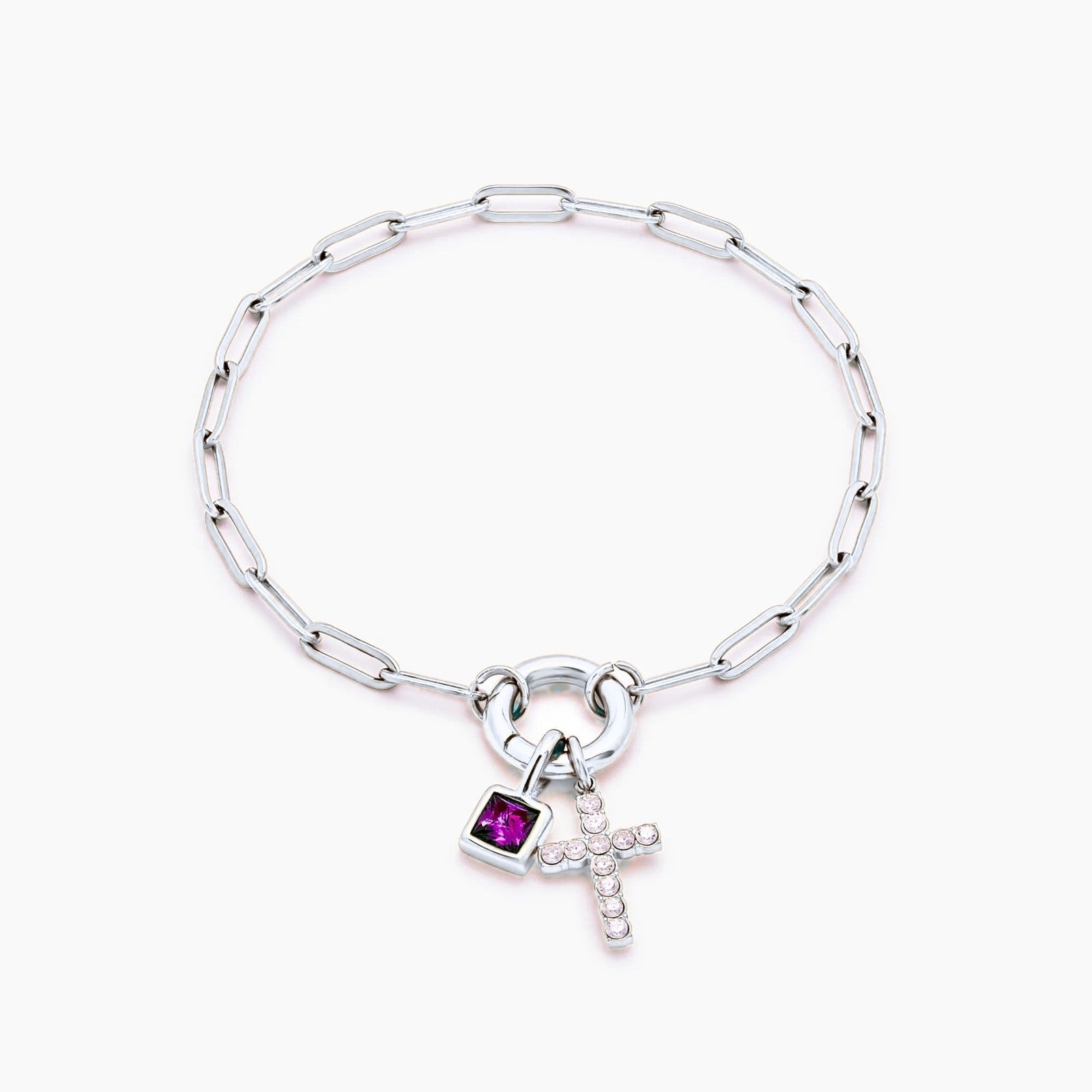 paperclip-cross-charm-bracelet — Silver / Feb-Amethyst