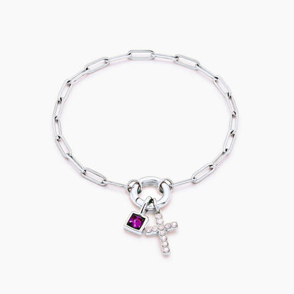 paperclip-cross-charm-bracelet — Silver / Feb-Amethyst