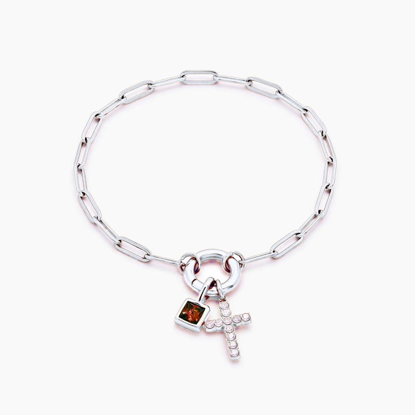 paperclip-cross-charm-bracelet — Silver / Jan-Garnet